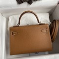 「#4178」 Hermès Epsom leather golden brown second generation Mini Kelly silver buckle 19cm