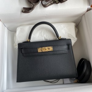 「#4181」 Hermès Epsom leather black second generation Mini Kelly gold buckle 19cm