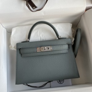 「#4185」 Hermès Epsom leather almond green second generation Mini Kelly silver buckle 19cm