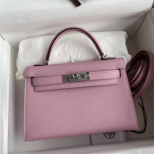 「#4187」 Hermès Epsom leather Malva purple second generation Mini Kelly silver buckle 19cm