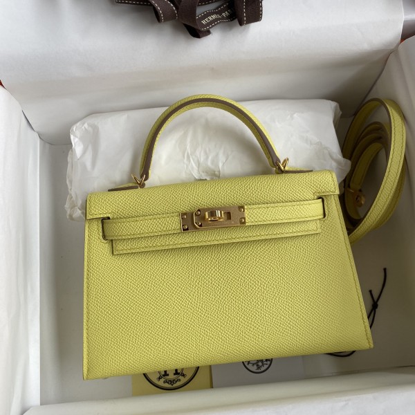 「#4188」 Hermès Epsom leather lemon yellow second generation Mini Kelly gold buckle 19cm