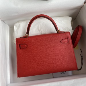 「#4192」 Hermès Epsom leather, bright red, second generation Mini Kelly, silver buckle, 19cm