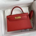 「#4192」 Hermès Epsom leather, bright red, second generation Mini Kelly, silver buckle, 19cm