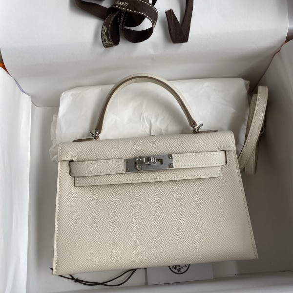 「#4196」 Hermès Epsom leather Milkshake White II Mini Kelly Silver Buckle 19cm