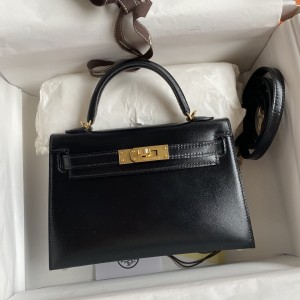 「#4197」 Hermes Imported Box Leather Black Second Generation Mini Kelly Gold Buckle 19cm