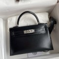 「#4198」 Hermes Imported Box Leather Black Second Generation Mini Kelly Silver Buckle 19cm