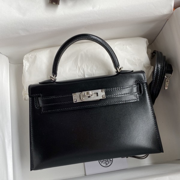 「#4198」 Hermes Imported Box Leather Black Second Generation Mini Kelly Silver Buckle 19cm