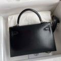 「#4198」 Hermes Imported Box Leather Black Second Generation Mini Kelly Silver Buckle 19cm