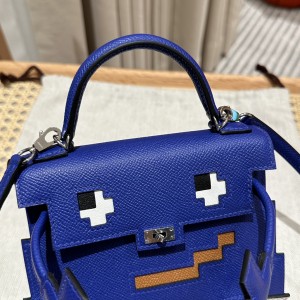 「#4202」 Hermes Electric Blue Kelly Doll Mosaic Doll Bag 19cm