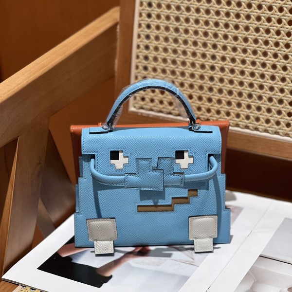 「#4206」 Hermes Candy Blue Kelly Doll Mosaic Doll Bag 19cm