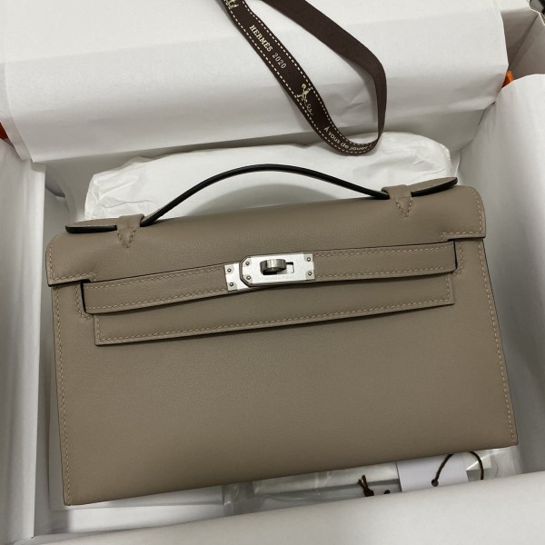「#4213」 Hermès Swift Leather Turtle Grey Silver Buckle Kelly Bag 22cm