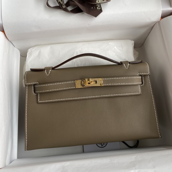 「#4220」 Hermès Swift Leather Elephant Gray Gold Buckle Kelly Bag 22cm