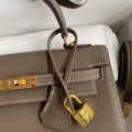 「#4228」 Hermès Epsom leather elephant grey gold buckle waxed thread Kelly bag 25cm
