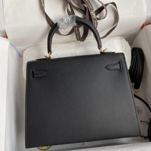 「#4230」 Hermès Epsom leather black gold buckle waxed thread Kelly bag 25cm