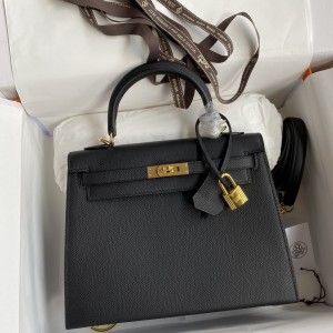 「#4230」 Hermès Epsom leather black gold buckle waxed thread Kelly bag 25cm