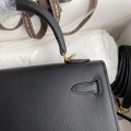 「#4230」 Hermès Epsom leather black gold buckle waxed thread Kelly bag 25cm