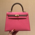 「#4238」 Hermès Epsom Lipstick Pink and Elephant Grey Gold Buckle Kelly Bag 25cm