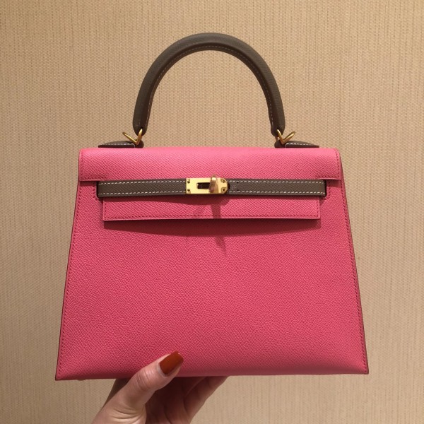 「#4238」 Hermès Epsom Lipstick Pink and Elephant Grey Gold Buckle Kelly Bag 25cm