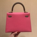 「#4238」 Hermès Epsom Lipstick Pink and Elephant Grey Gold Buckle Kelly Bag 25cm
