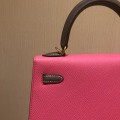 「#4238」 Hermès Epsom Lipstick Pink and Elephant Grey Gold Buckle Kelly Bag 25cm
