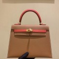 「#4239」 Hermès Epsom Brown and Tomato Red Gold Buckle Kelly Bag 25cm