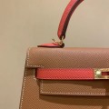 「#4239」 Hermès Epsom Brown and Tomato Red Gold Buckle Kelly Bag 25cm