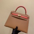「#4239」 Hermès Epsom Brown and Tomato Red Gold Buckle Kelly Bag 25cm