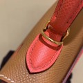 「#4239」 Hermès Epsom Brown and Tomato Red Gold Buckle Kelly Bag 25cm