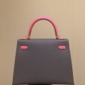 「#4240」 Hermès Epsom Pewter Grey Lipstick Pink Gold Buckle Kelly Bag 25cm