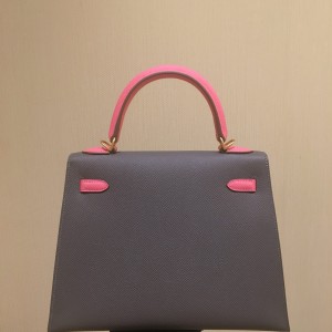 「#4240」 Hermès Epsom Pewter Grey Lipstick Pink Gold Buckle Kelly Bag 25cm