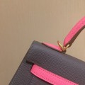 「#4240」 Hermès Epsom Pewter Grey Lipstick Pink Gold Buckle Kelly Bag 25cm