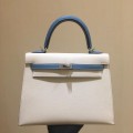 「#4241」 Hermès Epsom White and Denim Blue Silver Buckle Kelly Bag 25cm