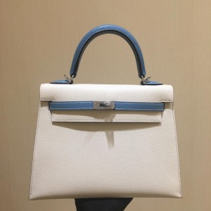 「#4241」 Hermès Epsom White and Denim Blue Silver Buckle Kelly Bag 25cm