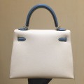 「#4241」 Hermès Epsom White and Denim Blue Silver Buckle Kelly Bag 25cm