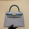 「#4242」 Hermès Epsom Seagull Grey and Peacock Green Gold Buckle Kelly Bag 25cm