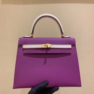 「#4243」 Hermès Epsom Anemone Purple and Milkshake White Gold Buckle Kelly Bag 25cm