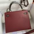 「#4244」 Hermès Epsom Burgundy and Pewter Grey Gold Buckle Kelly Bag 25cm