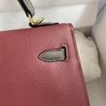 「#4244」 Hermès Epsom Burgundy and Pewter Grey Gold Buckle Kelly Bag 25cm