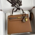 「#4247」 Hermès Epsom Golden Brown and Elephant Grey Gold Buckle Kelly Bag 25cm