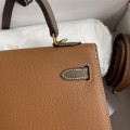 「#4247」 Hermès Epsom Golden Brown and Elephant Grey Gold Buckle Kelly Bag 25cm