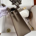 「#4247」 Hermès Epsom Golden Brown and Elephant Grey Gold Buckle Kelly Bag 25cm