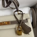 「#4248」 Hermès Epsom Milkshake White and Elephant Grey Gold Buckle Kelly Bag 25cm