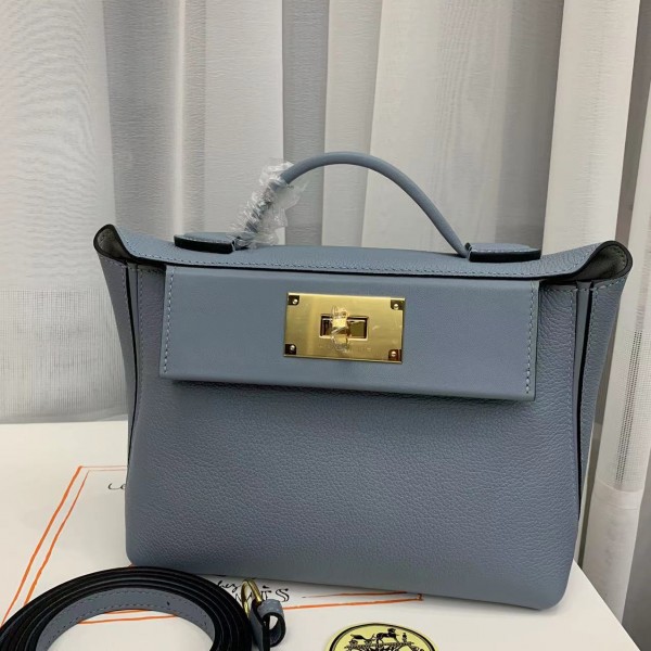 「#4257」 Hermès Linen Blue Kelly Bag Gold Buckle Y2424mini 21*16*12cm