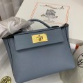 「#4257」 Hermès Linen Blue Kelly Bag Gold Buckle Y2424mini 21*16*12cm