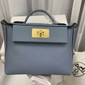 「#4257」 Hermès Linen Blue Kelly Bag Gold Buckle Y2424mini 21*16*12cm