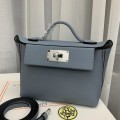 「#4258」 Hermes Linen Blue Kelly Bag Silver Buckle Y2424mini 21*16*12cm