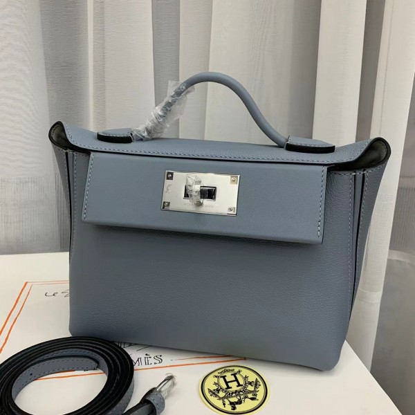 「#4258」 Hermes Linen Blue Kelly Bag Silver Buckle Y2424mini 21*16*12cm