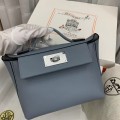 「#4258」 Hermes Linen Blue Kelly Bag Silver Buckle Y2424mini 21*16*12cm