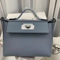 「#4258」 Hermes Linen Blue Kelly Bag Silver Buckle Y2424mini 21*16*12cm