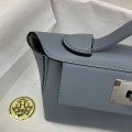 「#4258」 Hermes Linen Blue Kelly Bag Silver Buckle Y2424mini 21*16*12cm